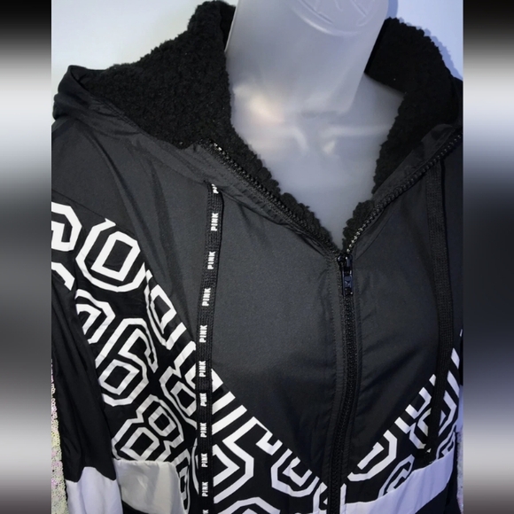 M/L Pink Victoria's Secret Windbreaker Black & White Anorak Jacket Coat - Picture 11 of 12